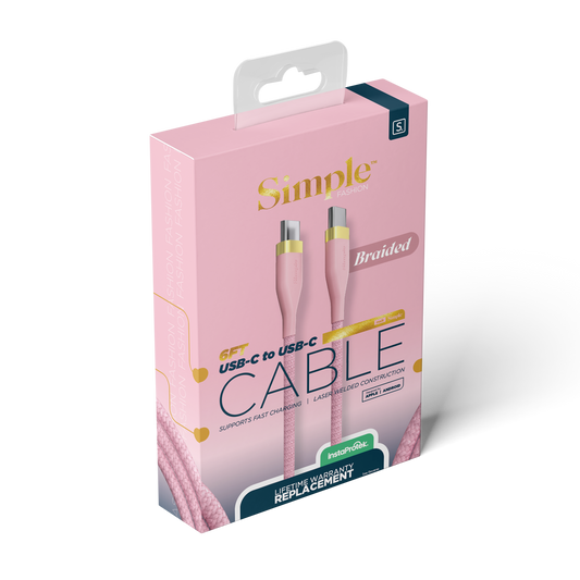 Pink Braided Fashion / 6 Ft - USB-C Cable with USB-C Connector