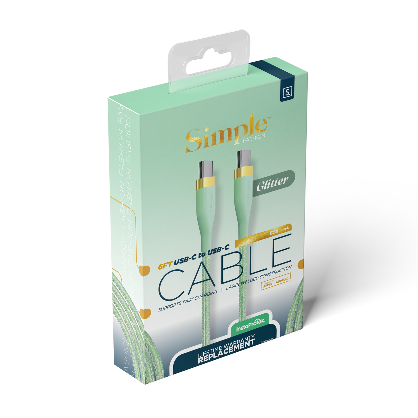 Mint Glitter Fashion / 6 Ft - USB-C Cable with USB-C Connector