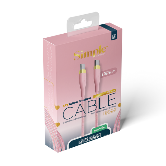 Pink Glitter Fashion / 6 Ft - USB-C Cable with USB-C Connector