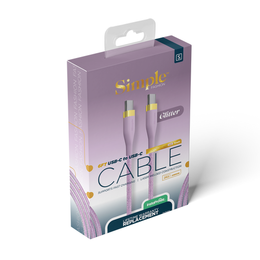 Purple Glitter Fashion / 6 Ft - USB-C Cable with USB-C Connector