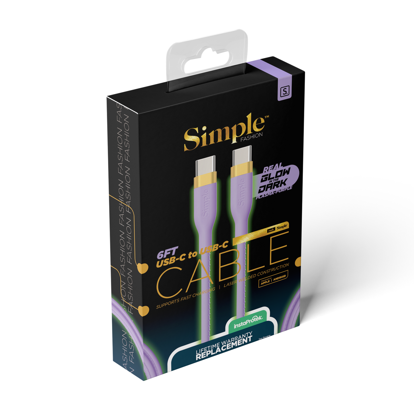 Purple Glow in the Dark Braided Fashion / 6 Ft - USB-C Cable with USB-C Connector