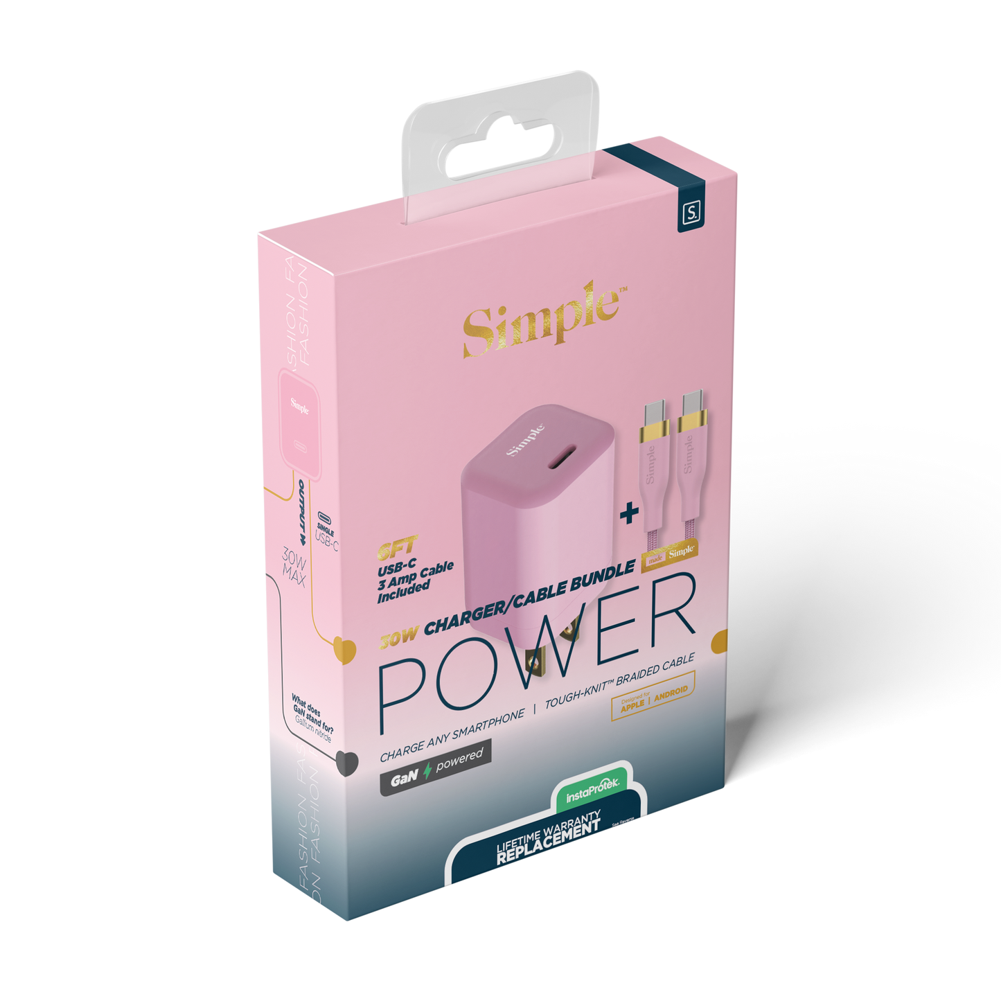 USB-C 30W + 6ft USB-C-C - 3 amp Cable Bundle - Pink