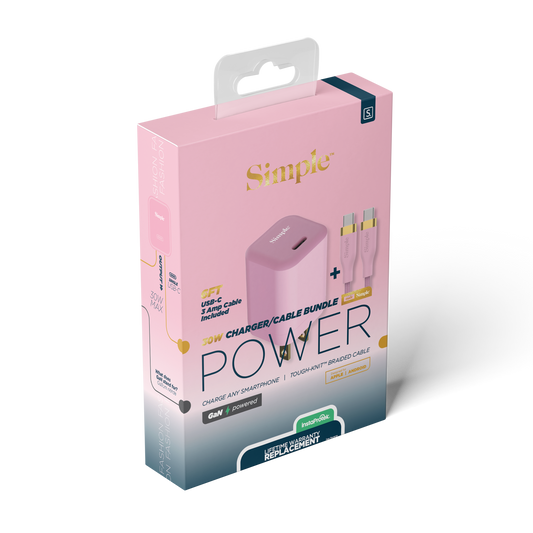 USB-C 30W + 6ft USB-C-C - 3 amp Cable Bundle - Pink