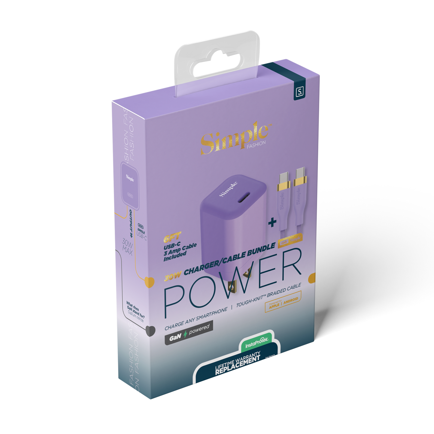 USB-C 30W + 6ft USB-C-C - 3 amp Cable Bundle - Purple