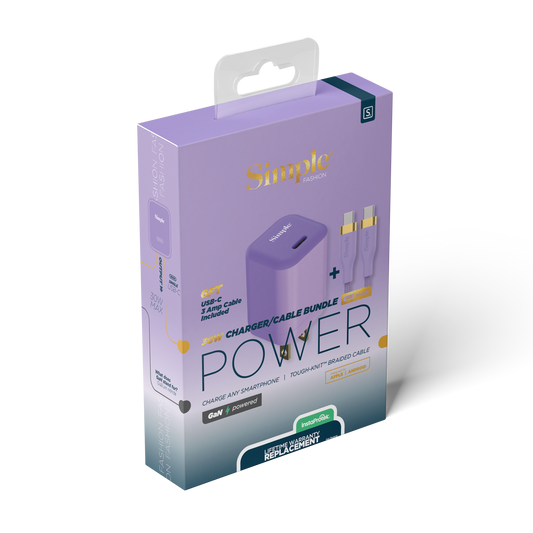 USB-C 30W + 6ft USB-C-C - 3 amp Cable Bundle - Purple